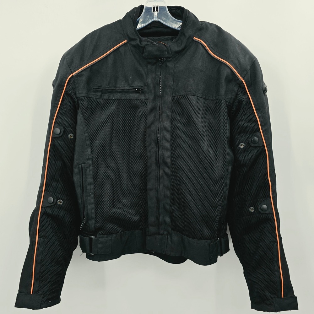 Bilt Jacket Mens Large Mesh Motorcycle Riding Black Orange Piping Padded Pockets